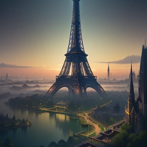 Eiffel Tower Rises from Mystical Lake: Fantasy Art