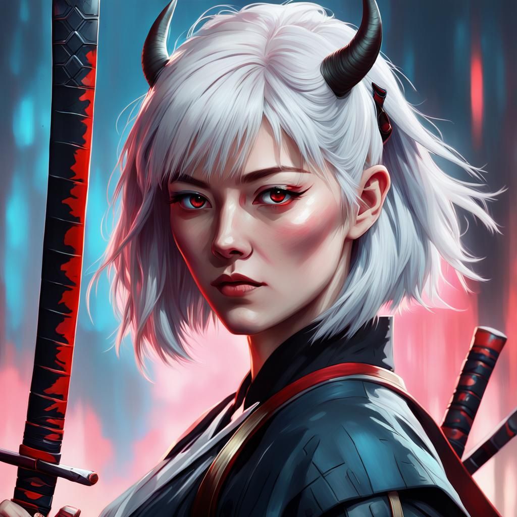 Anime-Inspired Woman with Katana in Digital Painting