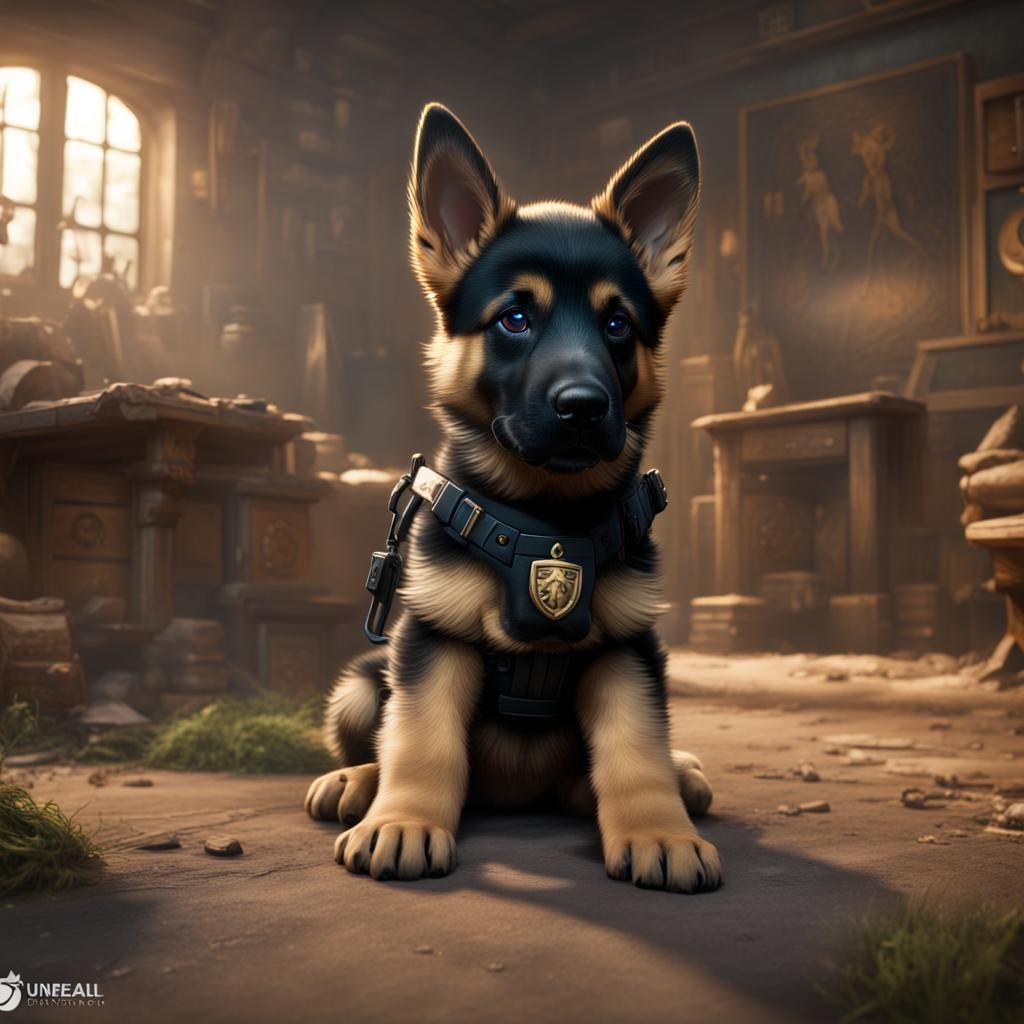 German Shepherd Puppy Dreams of K9 Unit, Detailed Painting