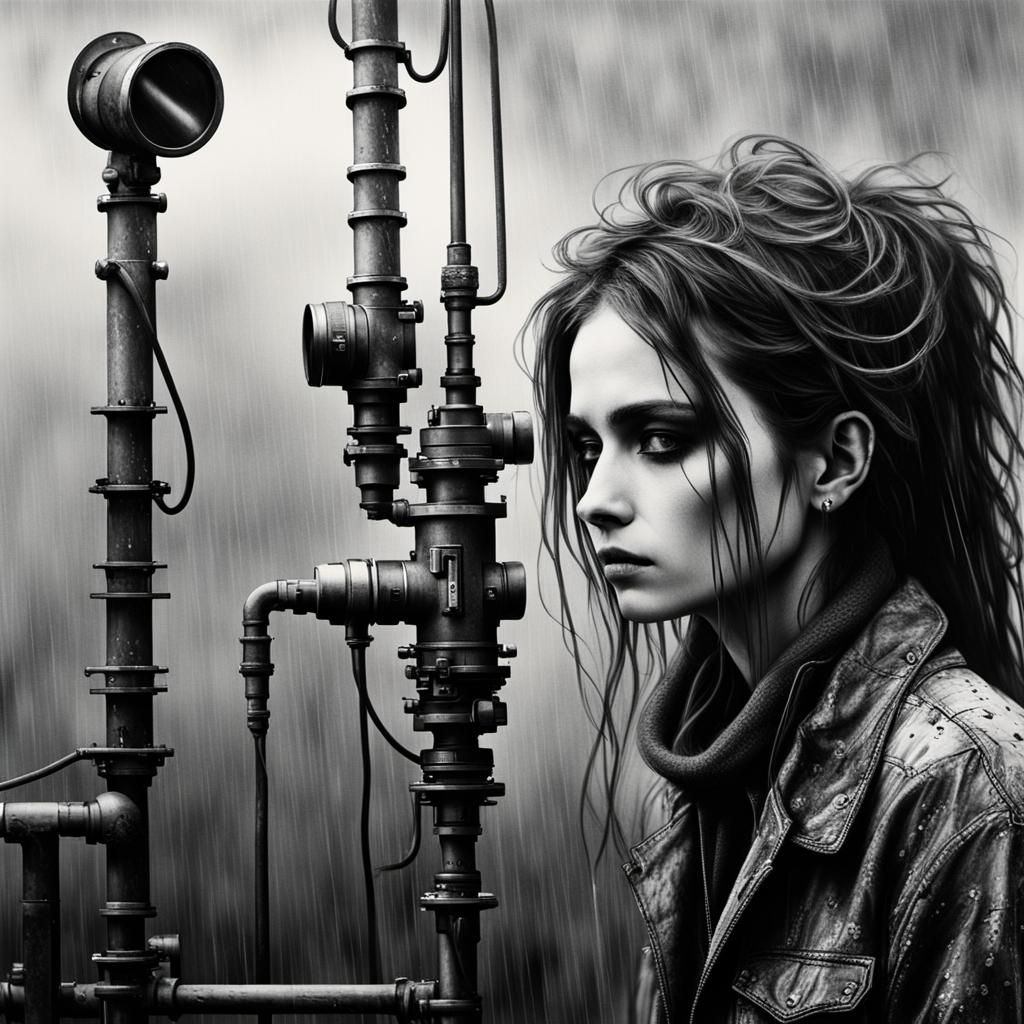 Goth Model in Industrial Fog, Charcoal Drawing