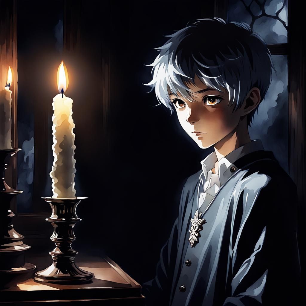 Ghost Boy in Candlelight: Anime Watercolor