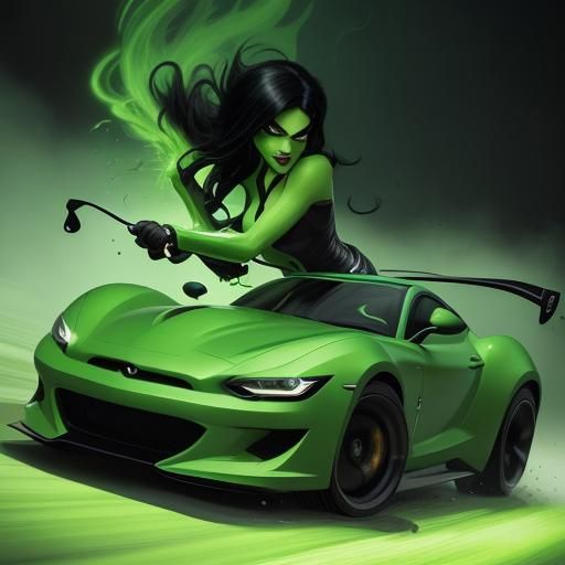 Shego Drives a Flaming Sports Car: Hyperrealistic Art
