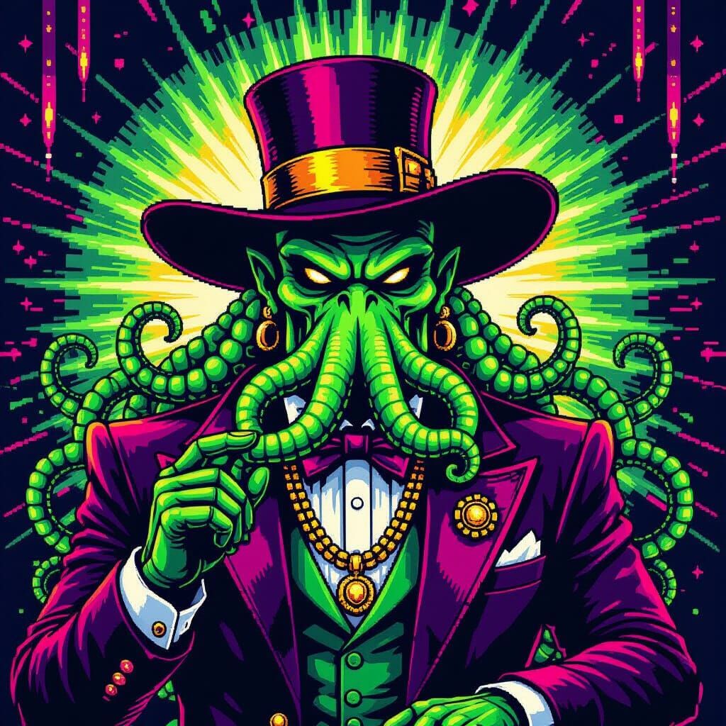 Cthulhu as Pimp in 8-Bit Pixel Art Style