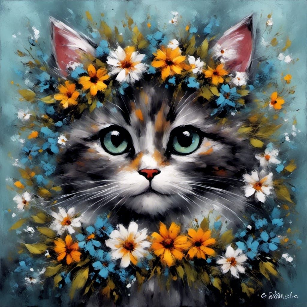 an adorable cat with floral designs all around