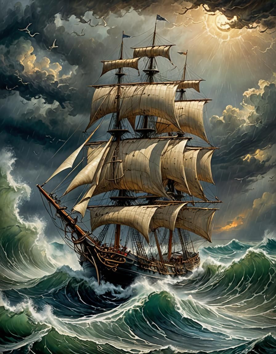 And it is close up of A big sail ship and it is in a bad sto...