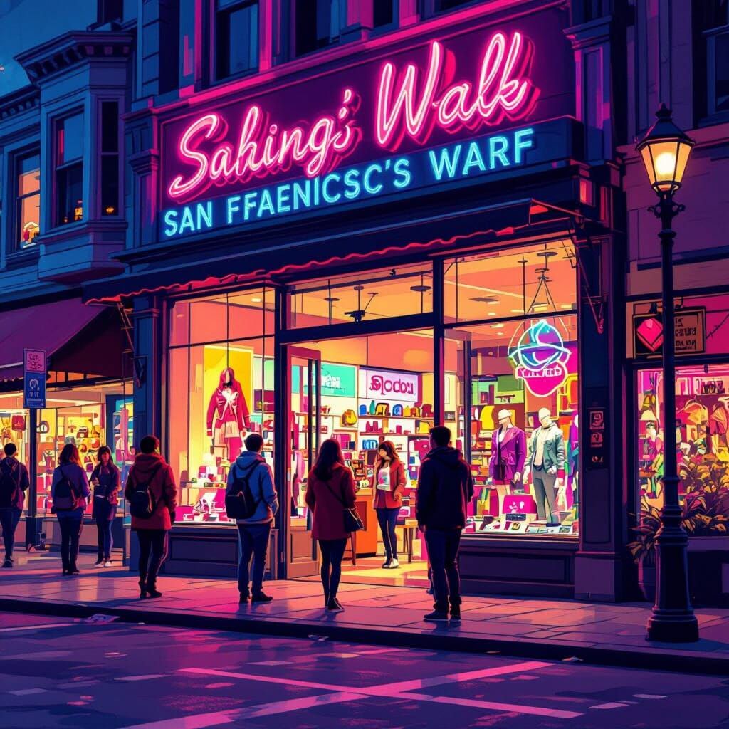 Vibrant Neon Shopping Center at Fisherman's Wharf in Retro S...