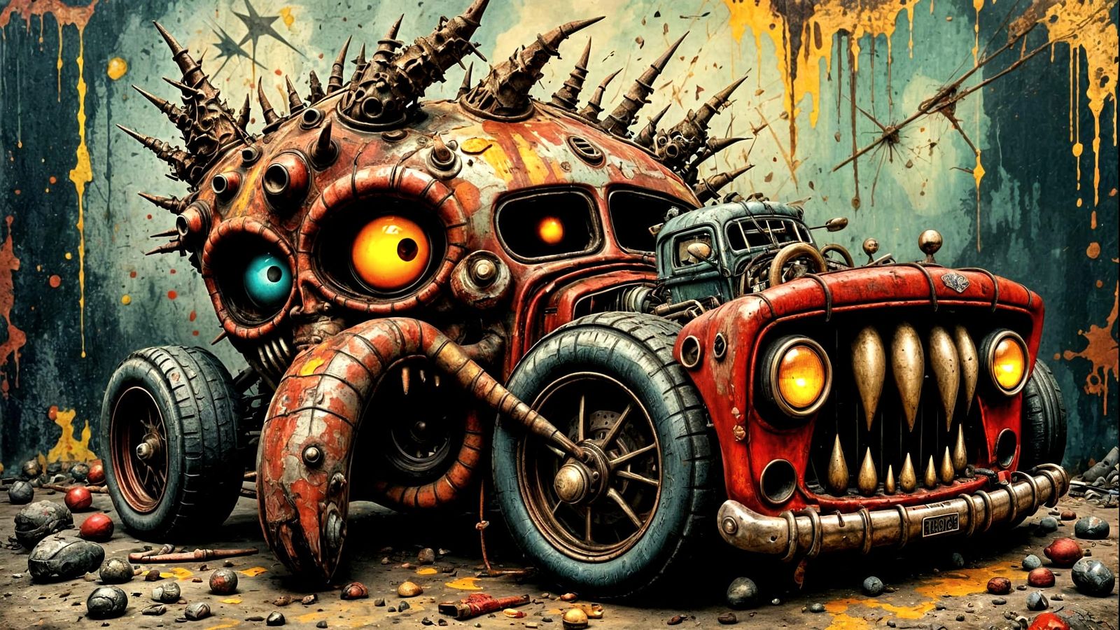 Comical Monster Hot Rod in Grunge Style