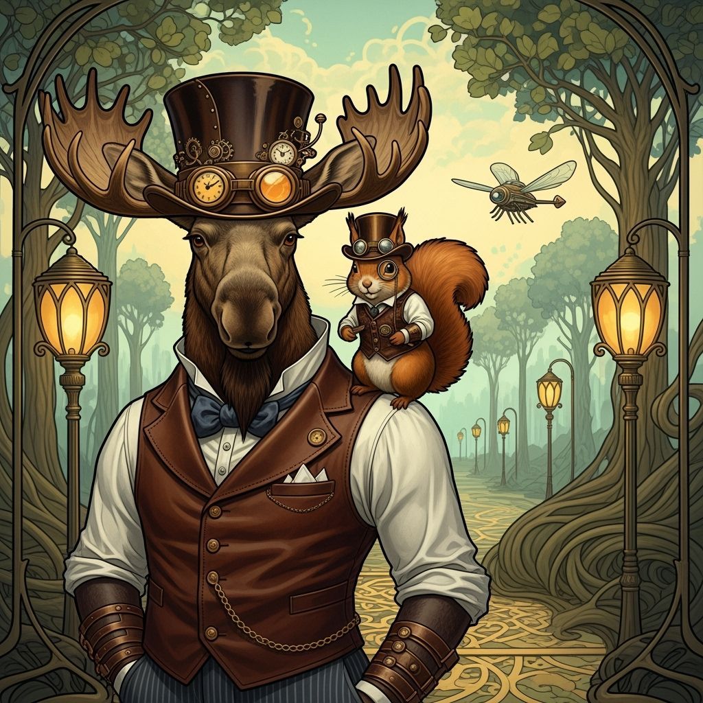 Steampunk Moose and Squirrel in Art Nouveau Landscape