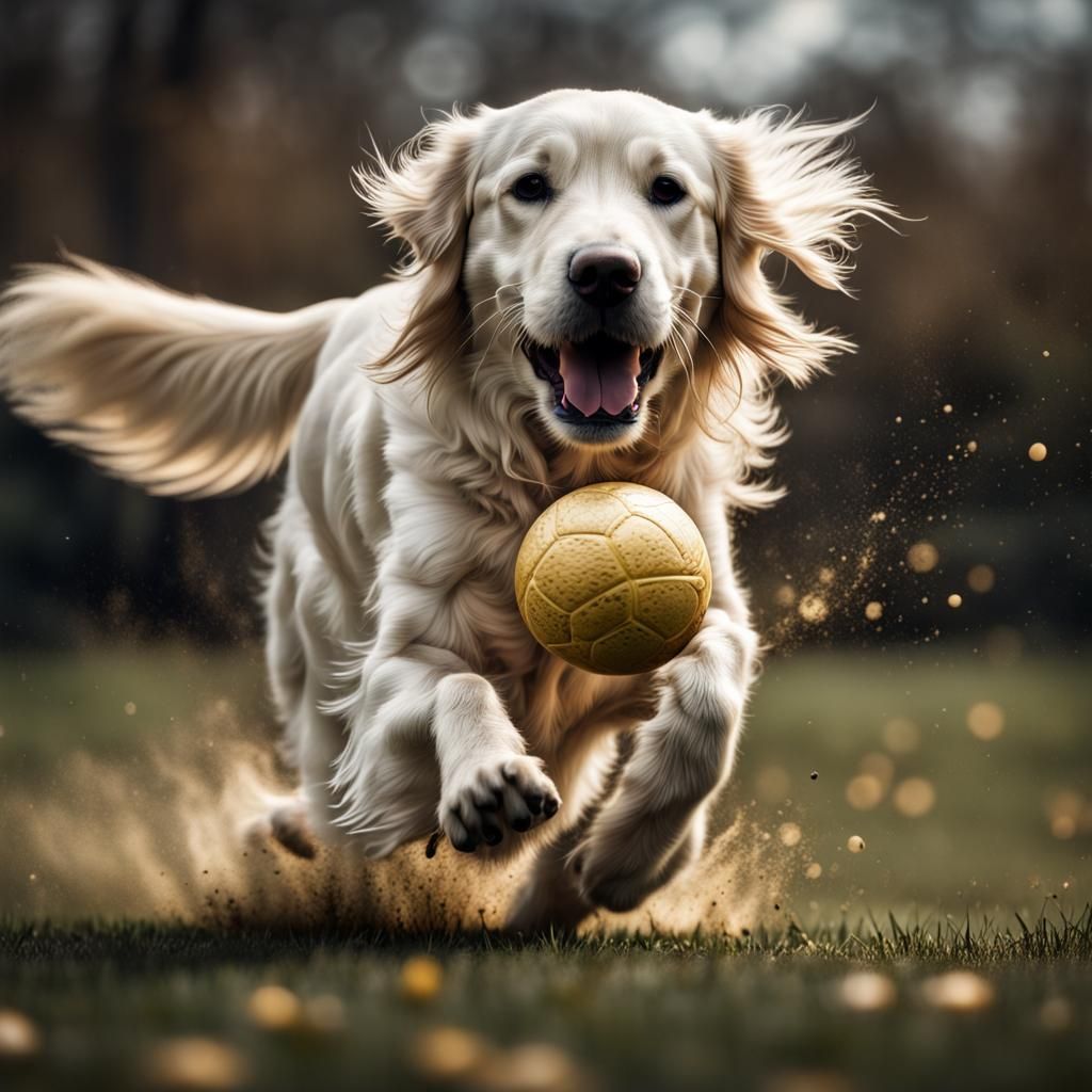 Hyperrealistic White Golden Retriever Chasing Ball