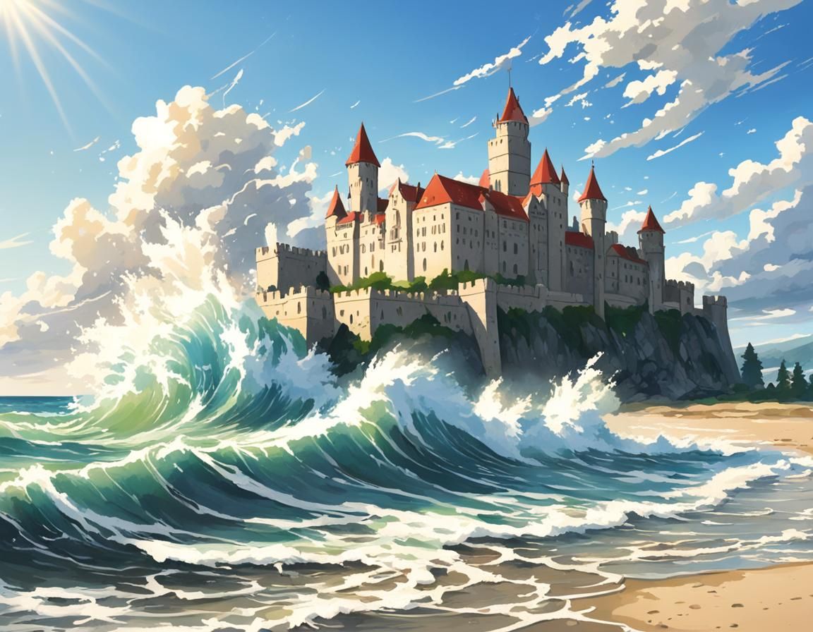 Seashore Castle in Anime Style with Summer Sun