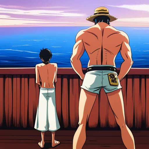 Father and Son Watching Sunset on Ship Deck