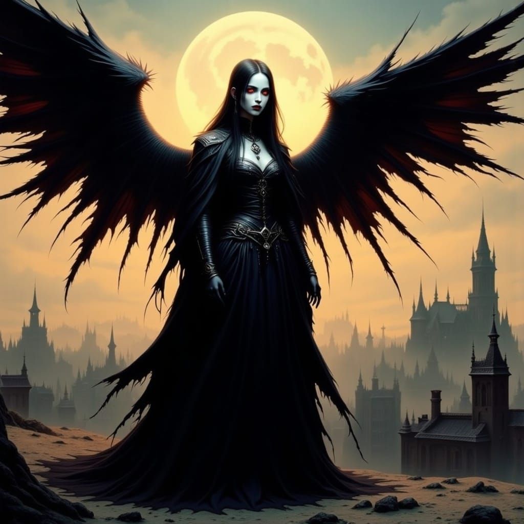 Dark Angel in Gothic Cityscape, Romantic Style