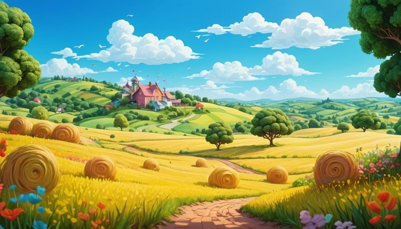 Colorful Stork Farm in Abstract Candyland Landscape