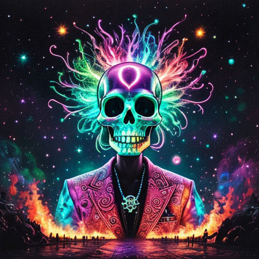 Vibrant, Cosmic Skull with Swirling Colors and Flame Ribbons