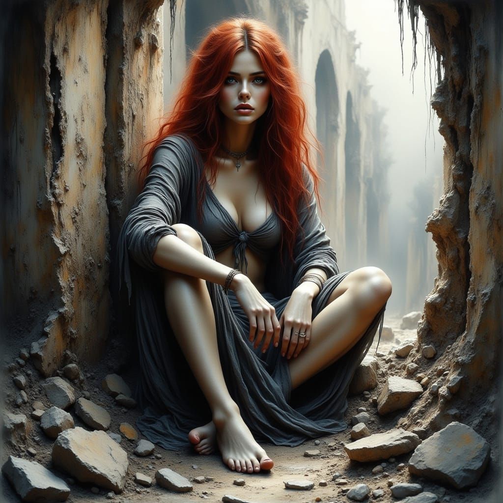 Depressed Young Woman in a Bombed Out Building, Ink Splash I...