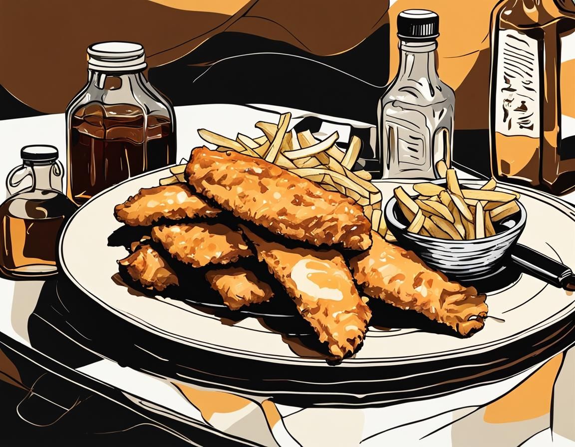 Monochromatic Fish and Chips Still Life