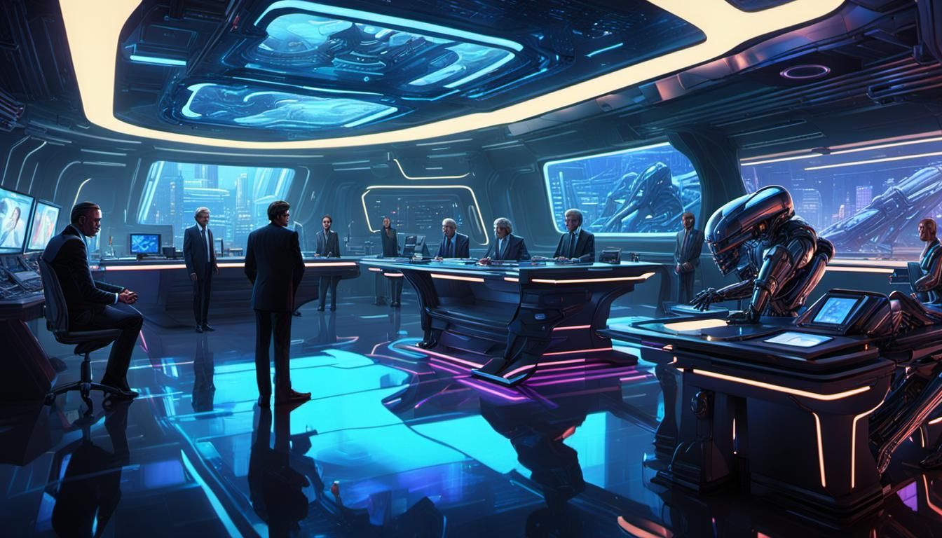 Futuristic Intergalactic Newsroom with Holographic Displays