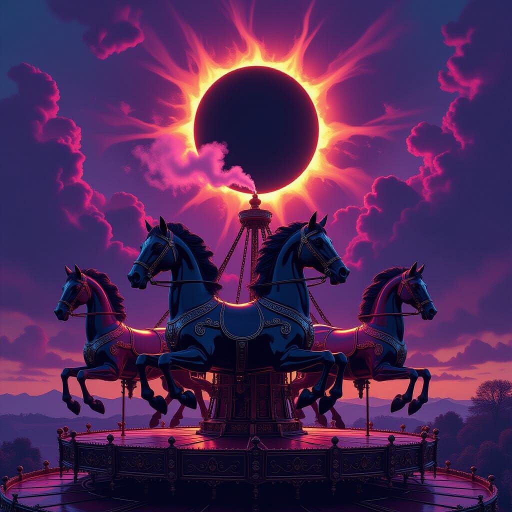 Gothic Post-Punk Carousel with Copper Horses Under Eclipse