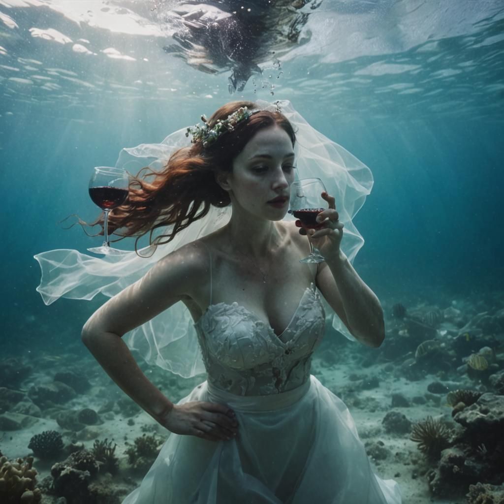 Underwater Bride with Wine, in Textured Realism