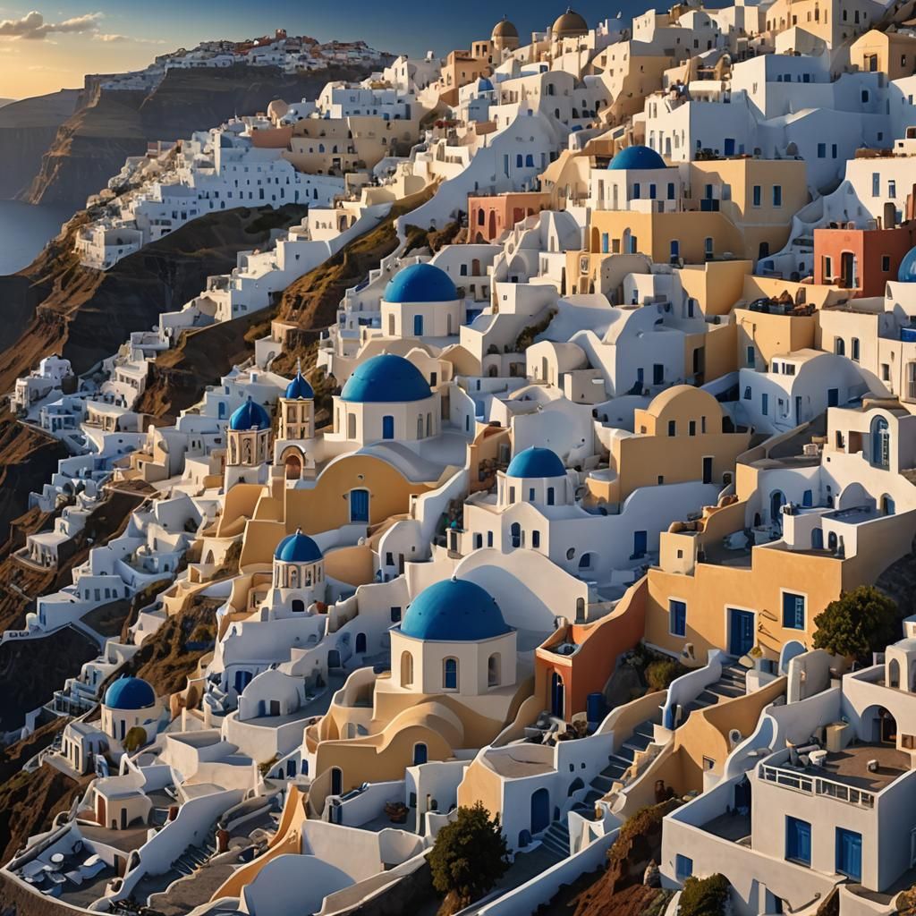 Santorini Oia Panoramic View in Digital Painting Style