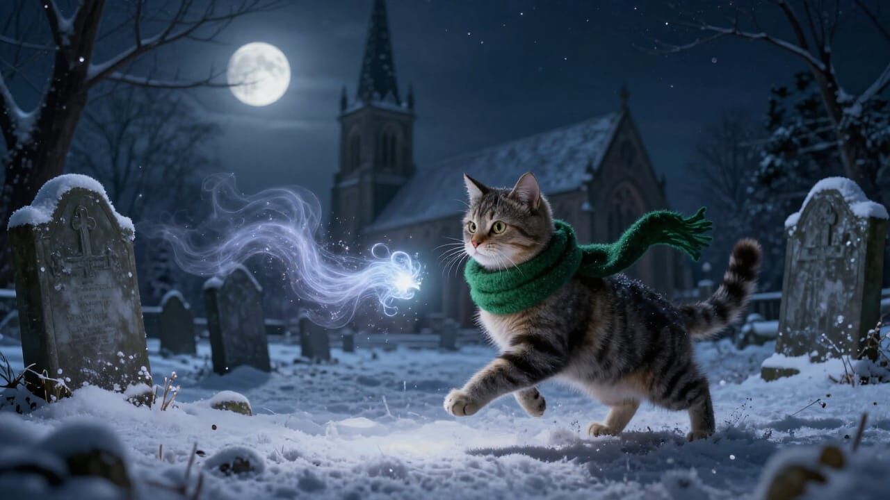 Yule Cat Chases Mystical Wisp in Moonlit Churchyard