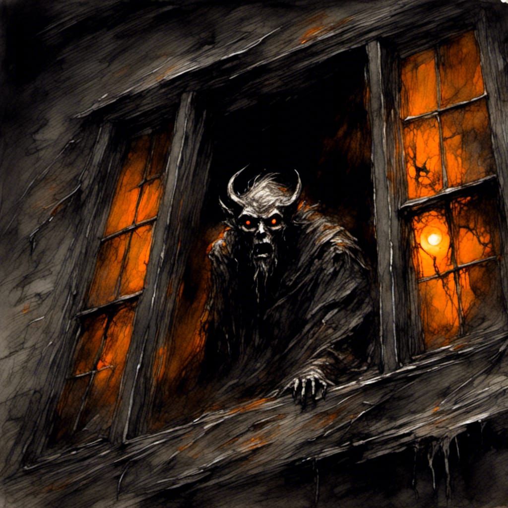 Glowing-Eyed Demon Watches Through Grimy Window
