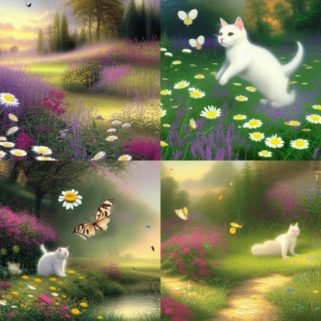 White cat plays with butterflies on a field of chamomile