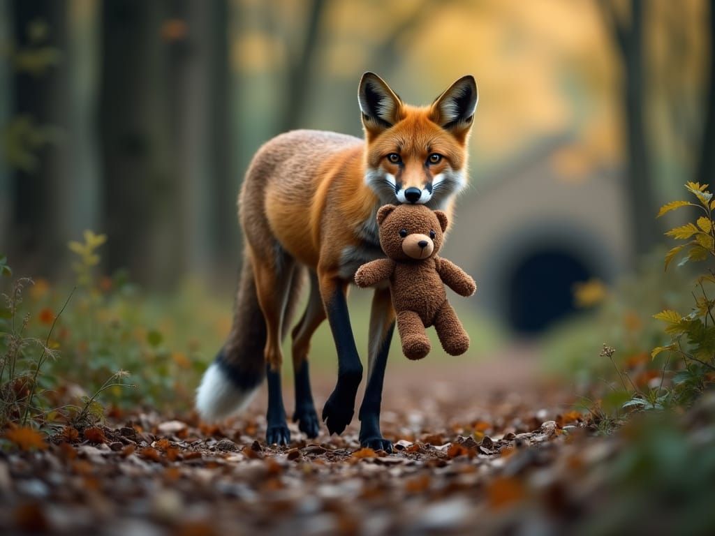Vixen Carries Teddy Bear Through Forest to Den