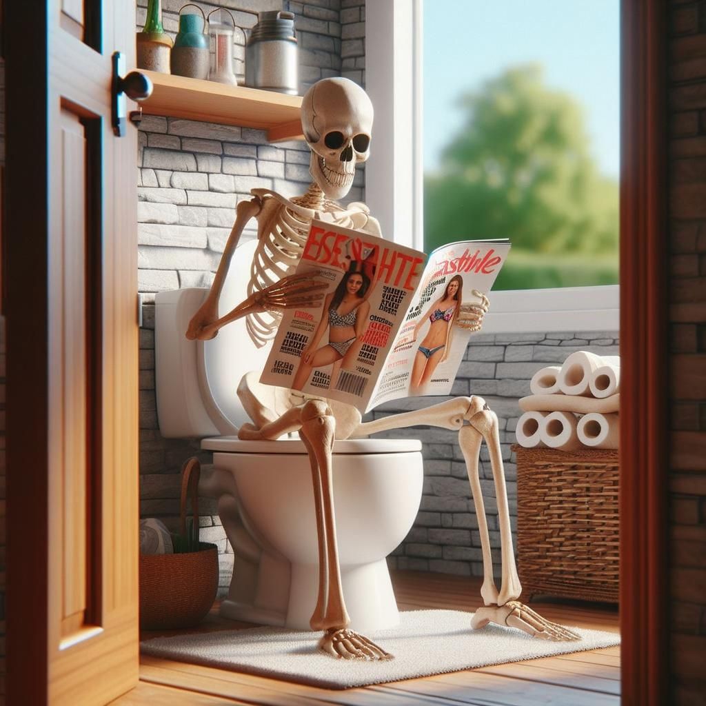 Comical Skeleton Relaxing in Bathroom