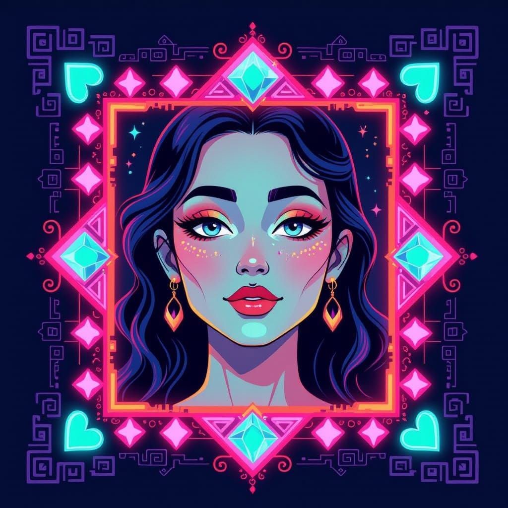 Schematic Face with Neon Frame in Watercolor Style