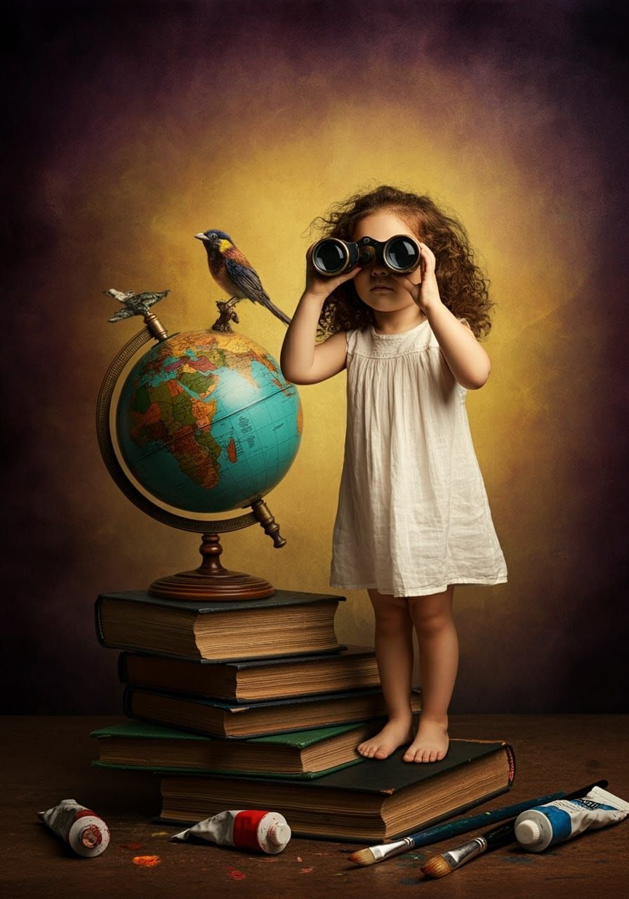 Whimsical Girl Discovers World Through Binoculars in a Vibra...