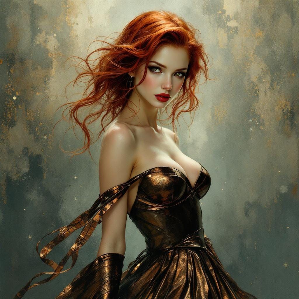 Futuristic Redhead in Copper Dress, Art Nouveau Style