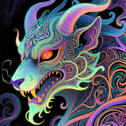 Psychedelic Demon Portrait with Intricate Line Art
