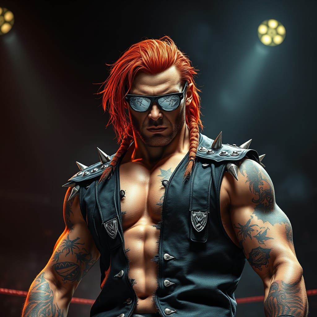 Muscular Wrestler in Dimly Lit Arena with Tribal Tattoos