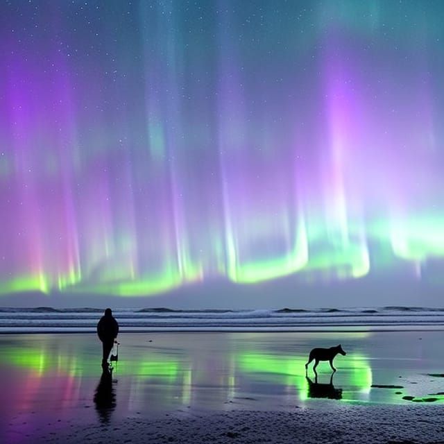 Beach Jog with Aurora Borealis in CGI Style