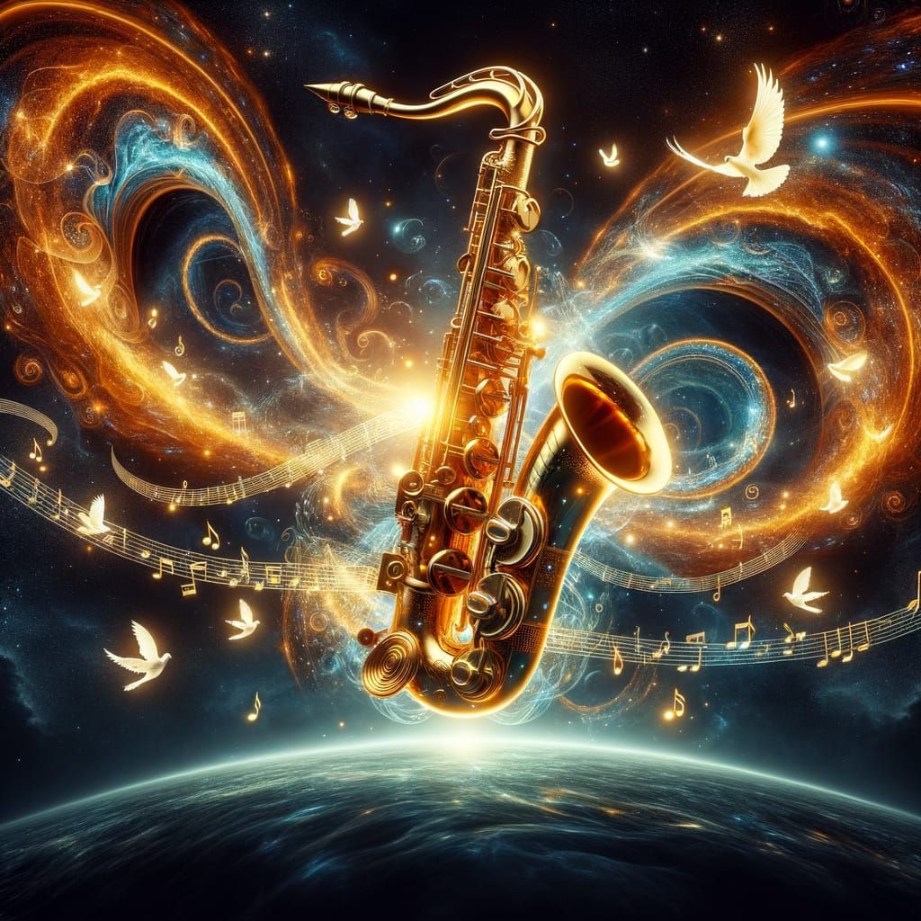 Golden Saxophone Radiates Light in Cosmic Space