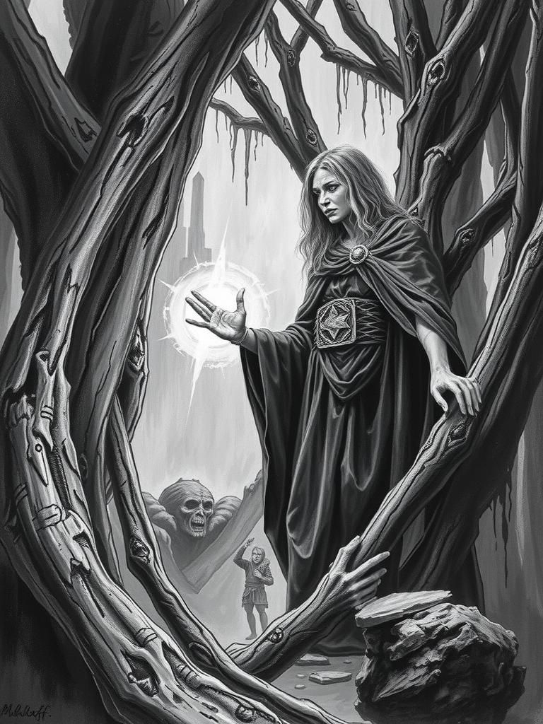 Galadriel Casts a Spell in Charcoal Style