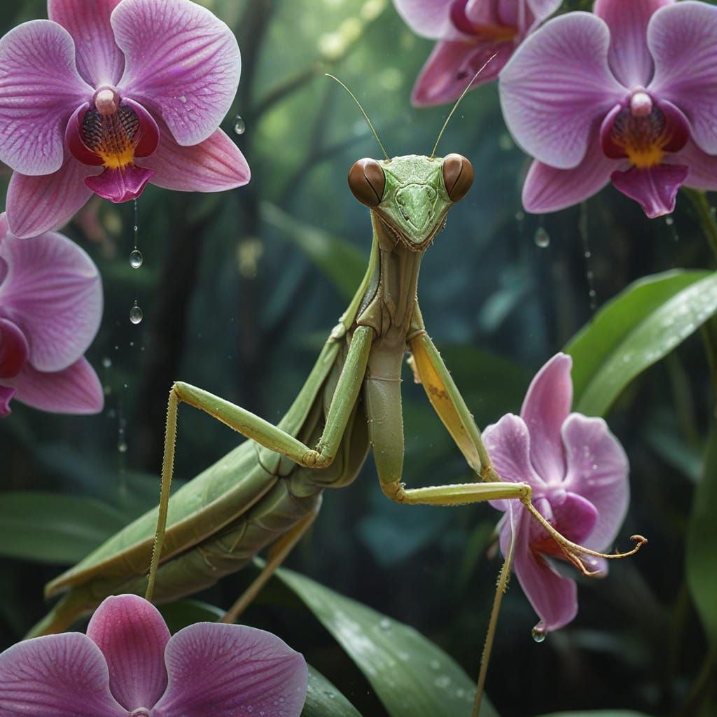Jade Praying Mantis on Orchid in Mystical Forest