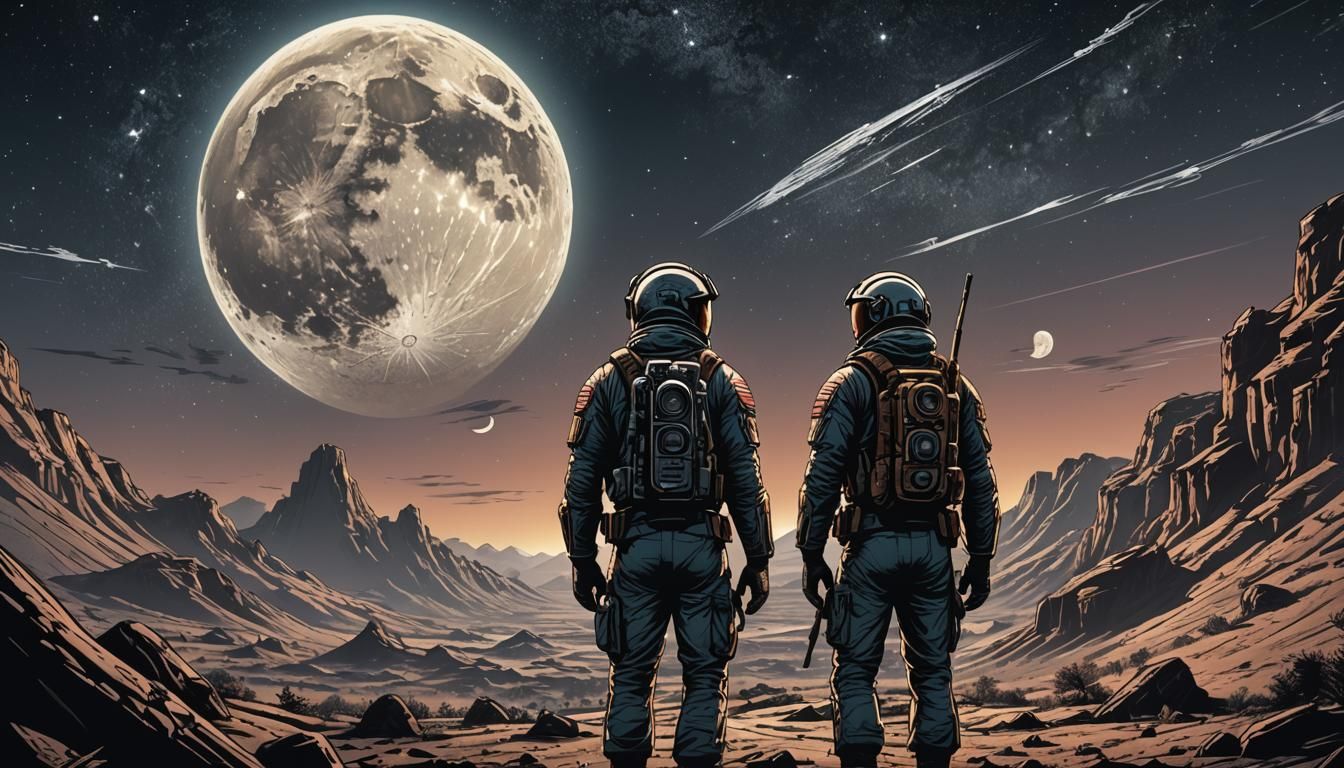 Earth Gazing at Moon in Comic Book Art Style