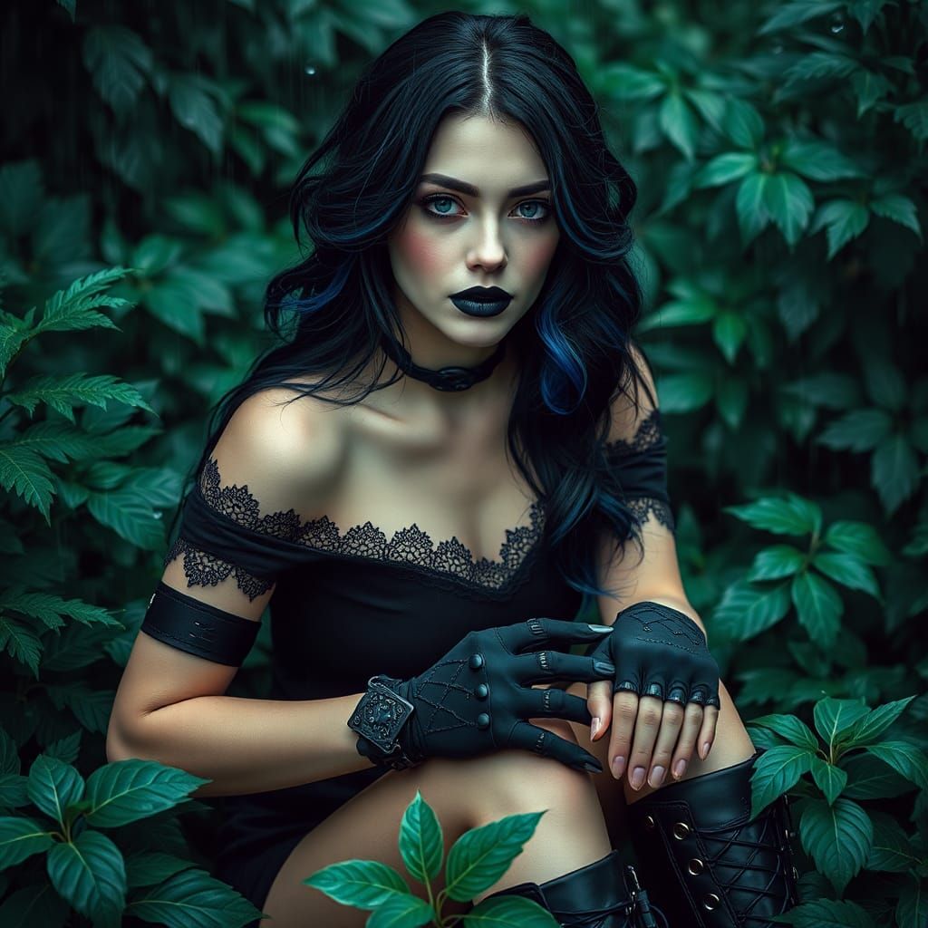 Goth Woman with Blue Highlights in Lush Setting