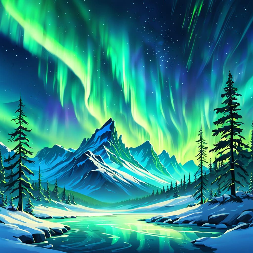 Emerald and Blue Aurora Over Snowy Landscape