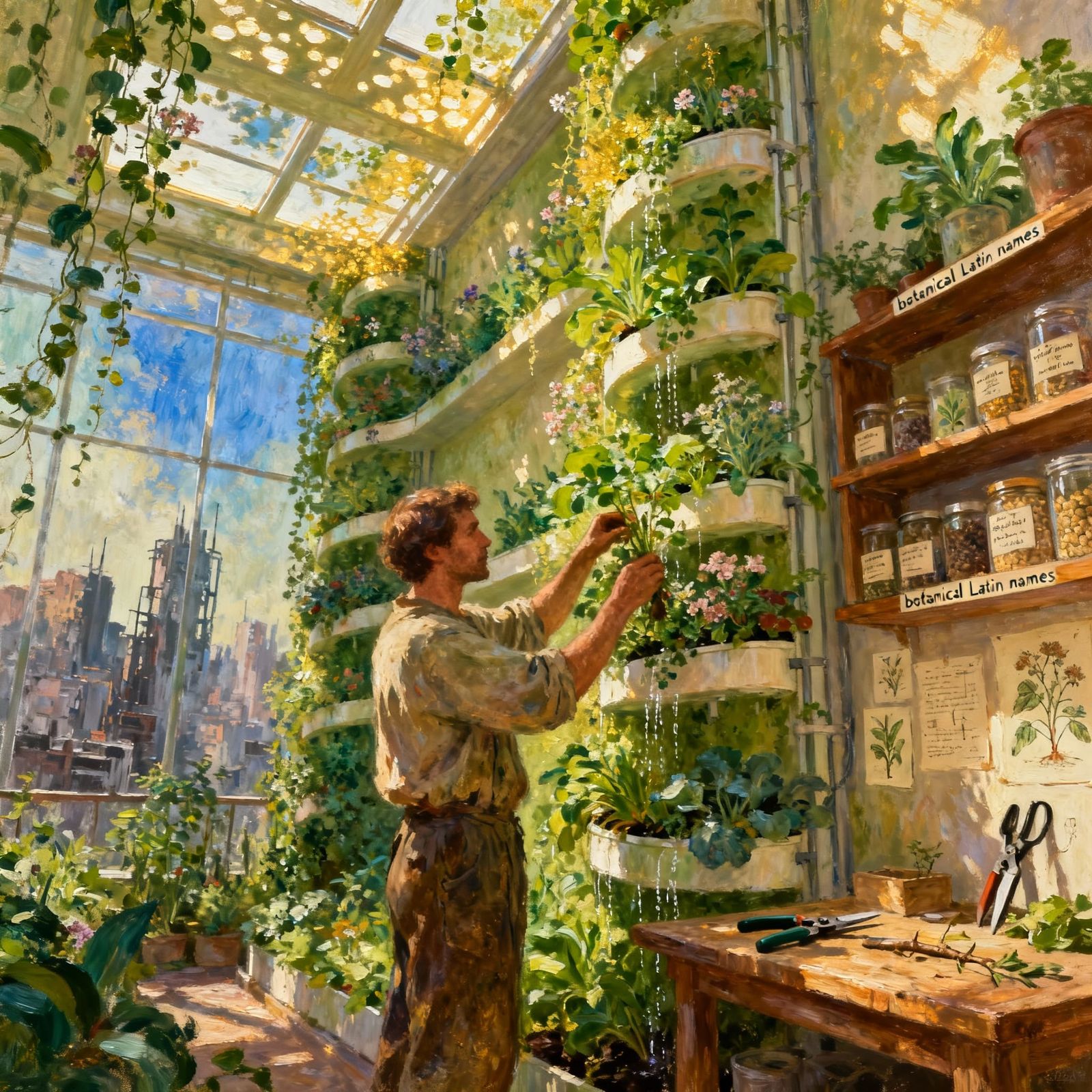 Impressionist Oil Painting of Future Vertical Garden Sanctua...