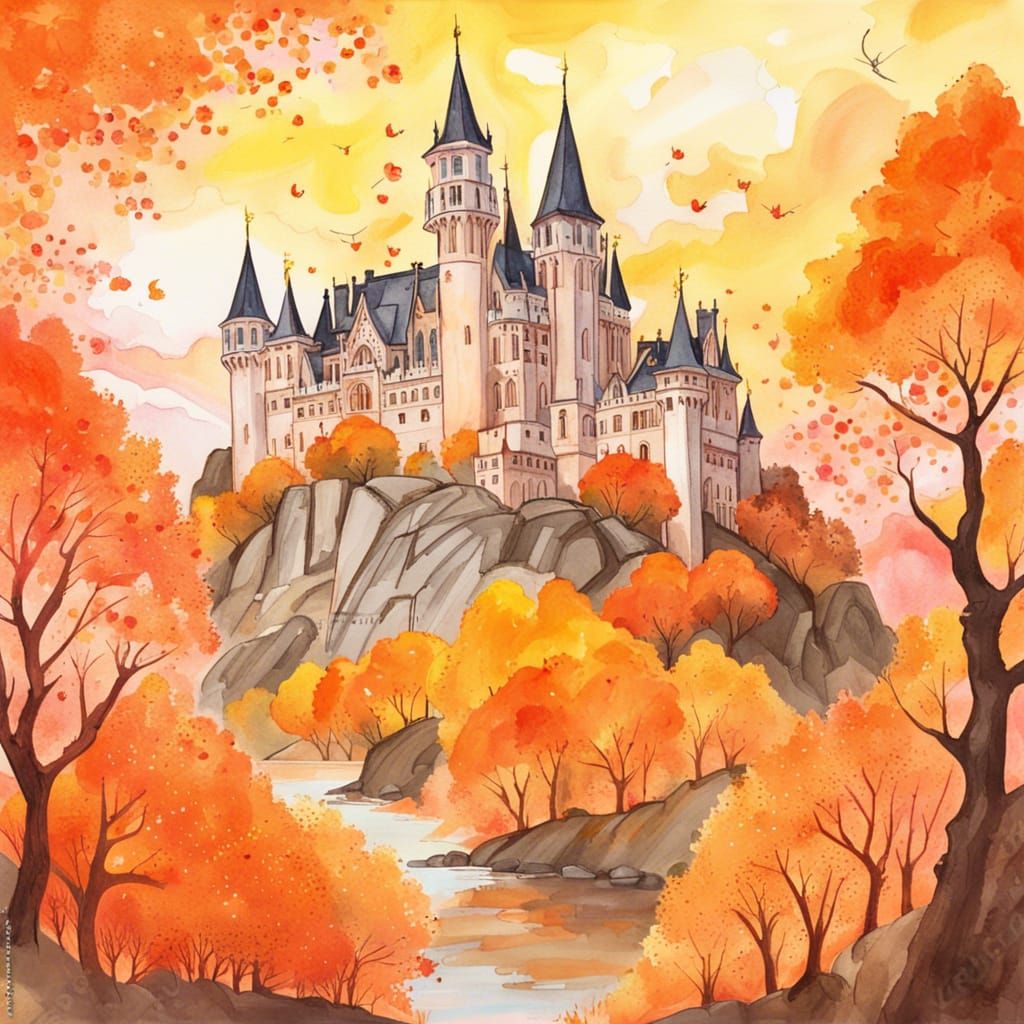 Floating Castle Above Autumnal Forest in Gouache Style