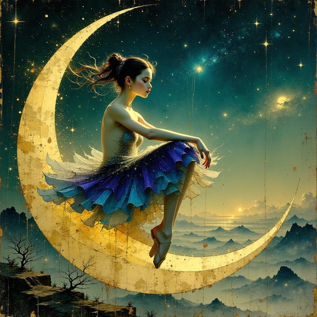  Graceful ballerina , sitting on the crescent moon resting w...