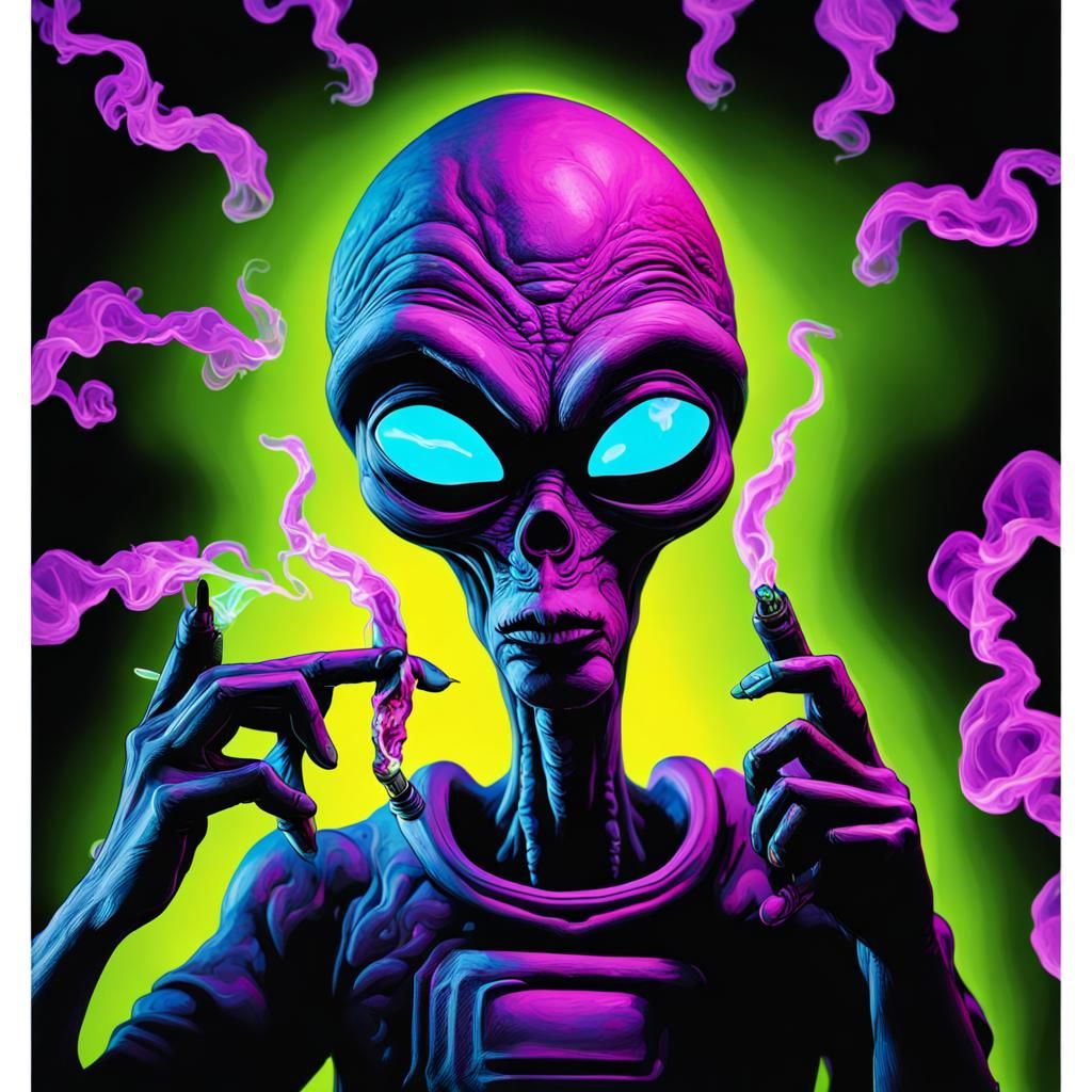 Humorous Aliens Smoking Joint in Black Light Art
