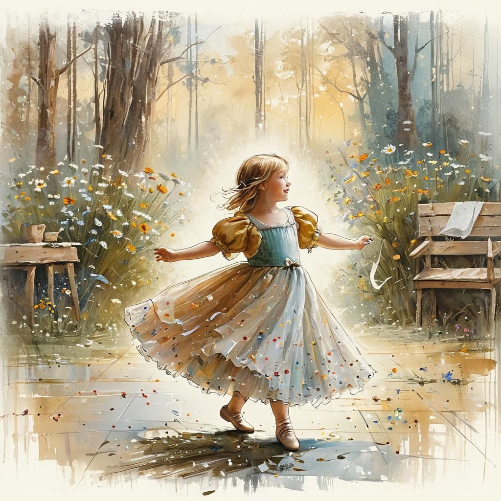 Whimsical Folk Art of a Young Dancer in a Sunny Meadow