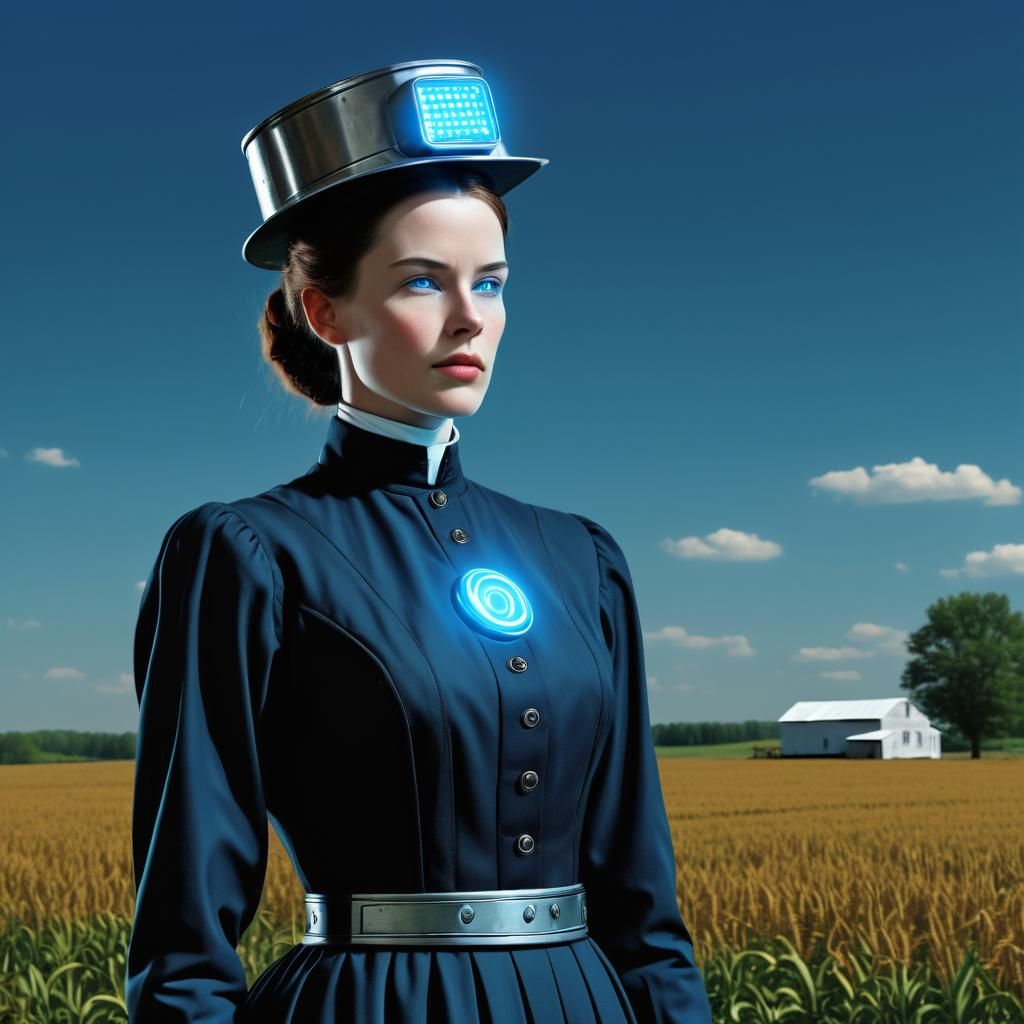 Amish Woman and Atom Punk Android in Anime Style