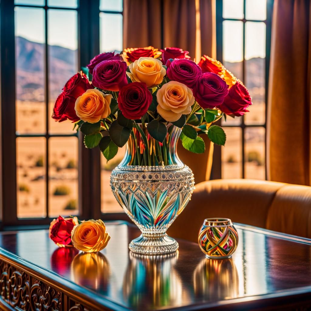 Art Nouveau Roses in Tiffany Crystal Vase