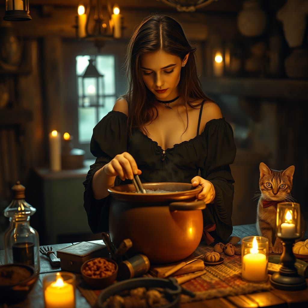 Enchanting Witch's Kitchen Scene in Warm Candlelight