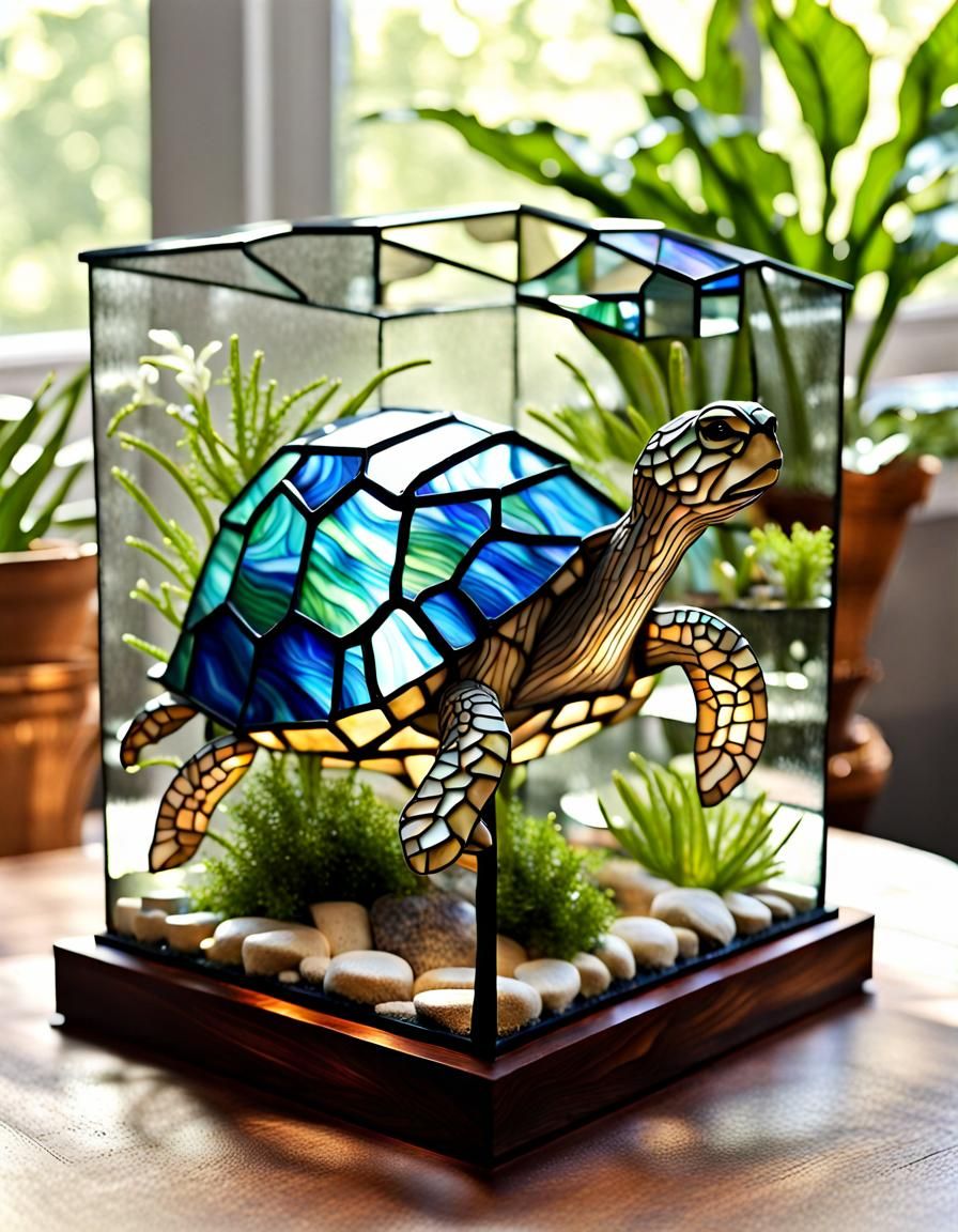 Stained Glass Turtle in 3D Terrarium